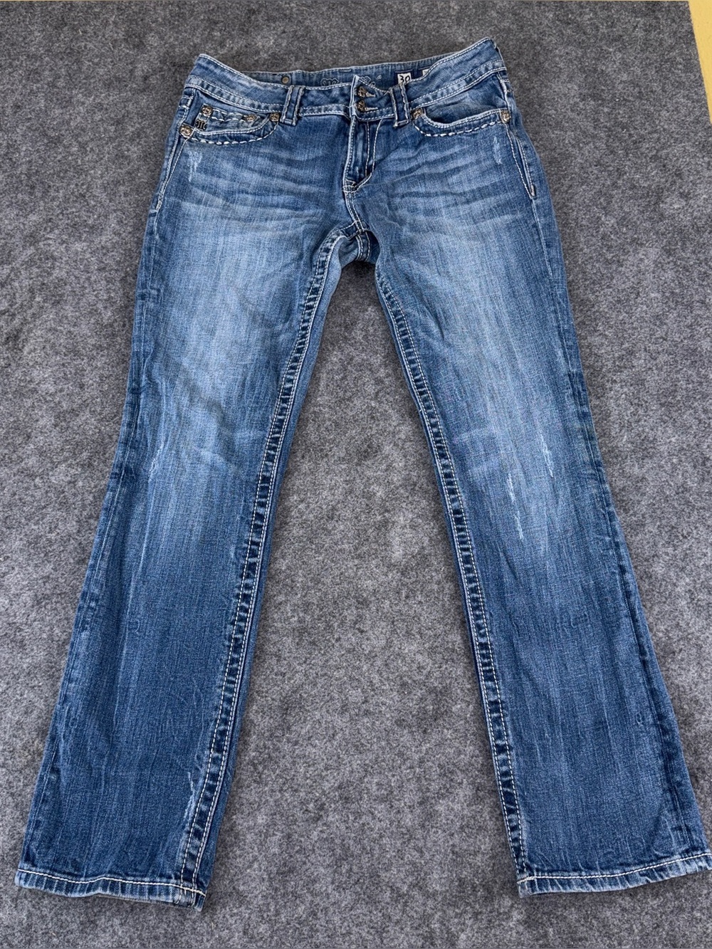 MISS ME Buckle Women's Jeans Straight JE6003T2R Blinged Wings Blue Denim Size 30